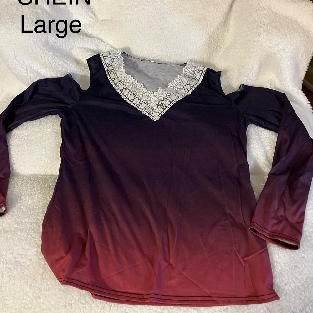 SHEIN Gradient Lace Trim Blouse in Purple and Red